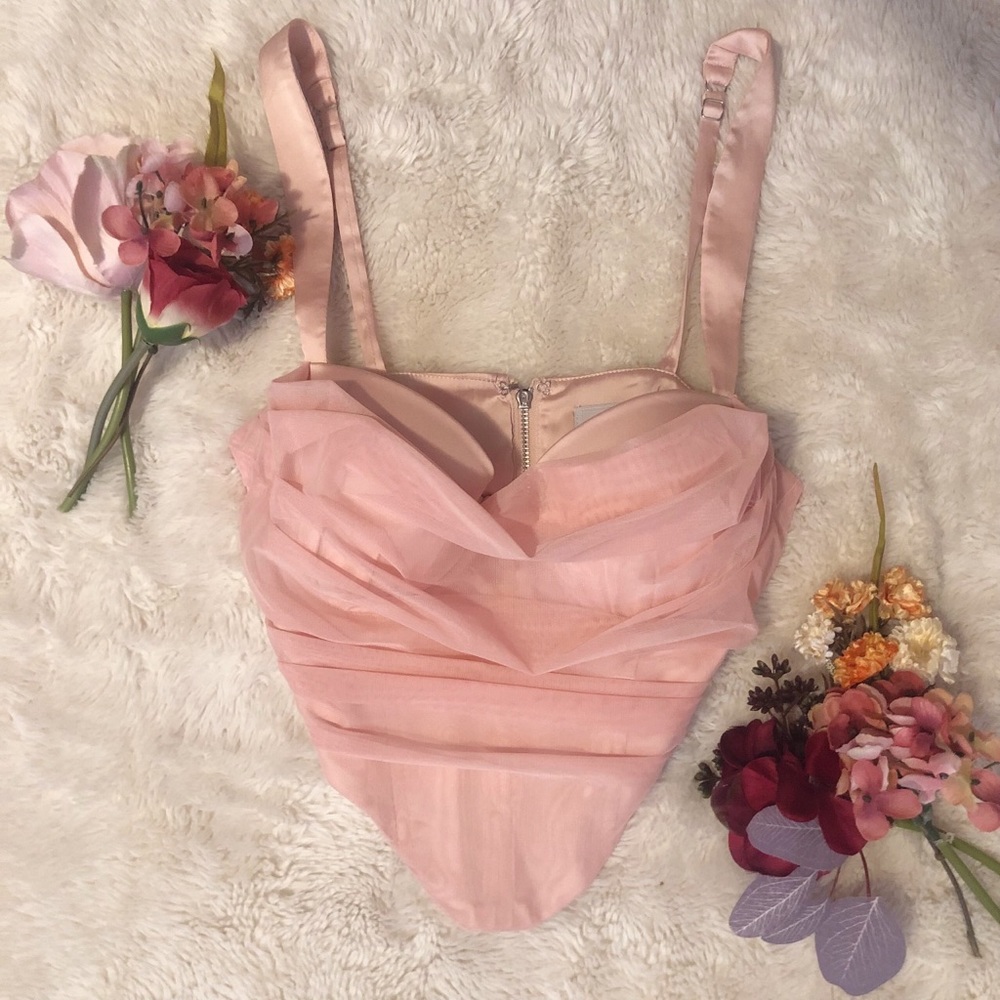Oh Polly Pink Satin Effect Mesh Overlay Corset Crop Top